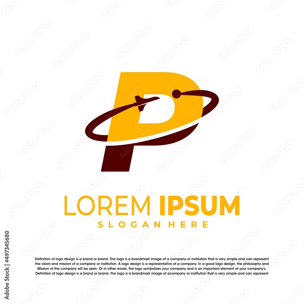 Fototapeta premium letter P with rocket logo vector design template. orbit logo.