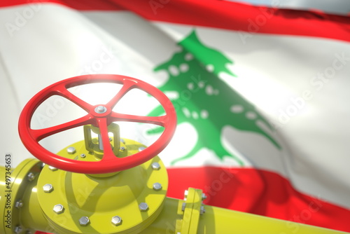 Oil or gas pipeline valve and flag of Lebanon. 3d rendering