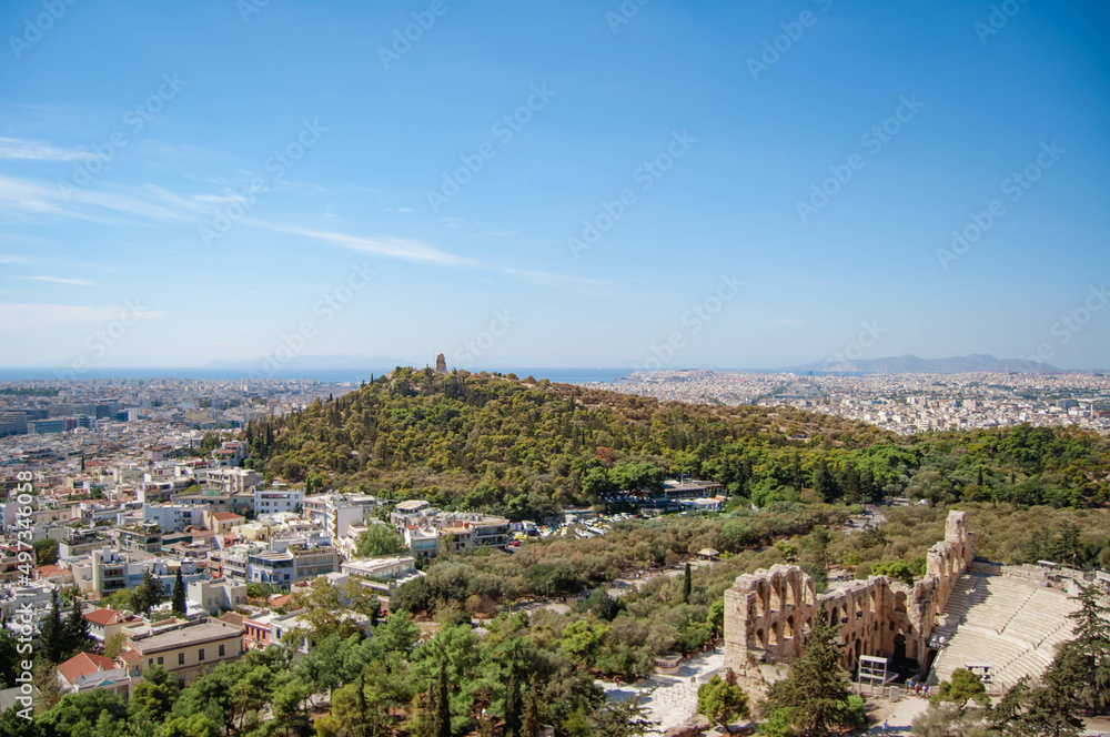 Panoramic view of Athens city, Odeon of Herodes building, Filopappou Hill, Greece