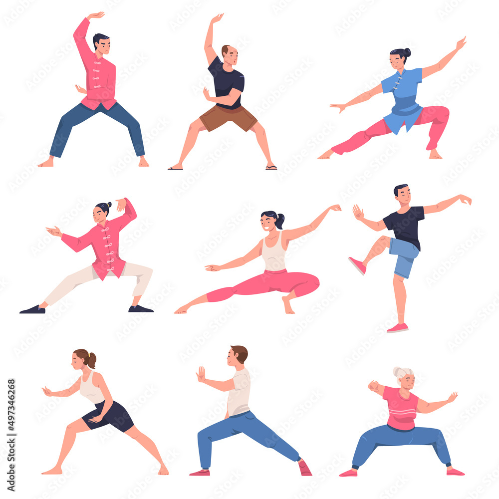 People Character Practicing Tai Chi and Qigong Exercise as Internal Chinese Martial Art Vector Illustration Set.