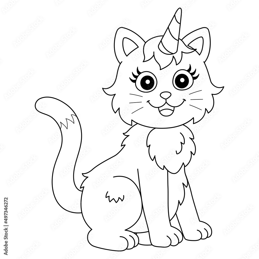 Cat Unicorn Coloring Page Isolated for Kids