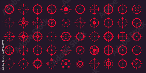 Crosshair, gun sight vector icons. Bullseye, red target or aim symbol. Military rifle scope, shooting mark sign. Targeting, aiming for a shot. Archery, hunting and sports shooting. Game UI element.