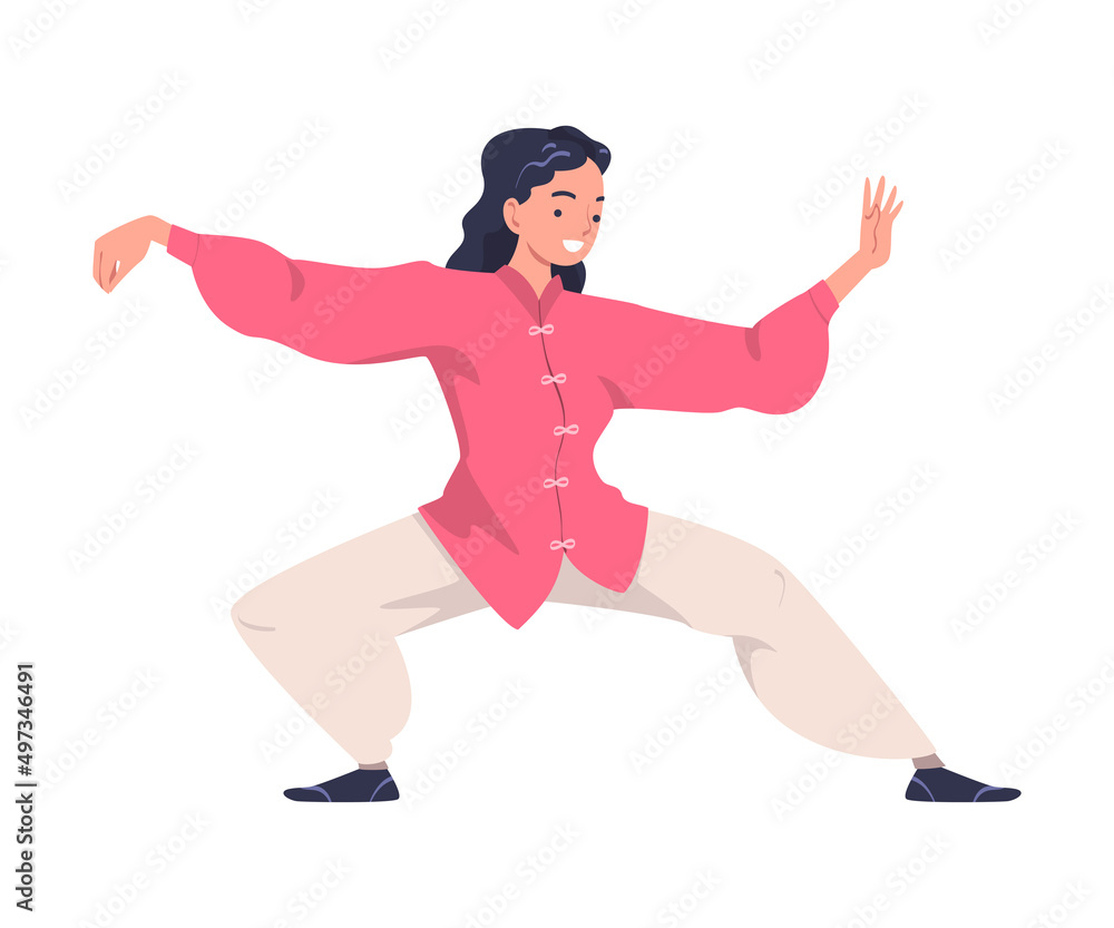 Woman Character Practicing Tai Chi and Qigong Exercise as Internal Chinese Martial Art Vector Illustration Woman Character Practicing Tai Chi and Qigong Exercise as Internal Chinese Martial Art Vector Illustration