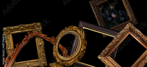 Antique still life with old ancient  carved frames isolated on black