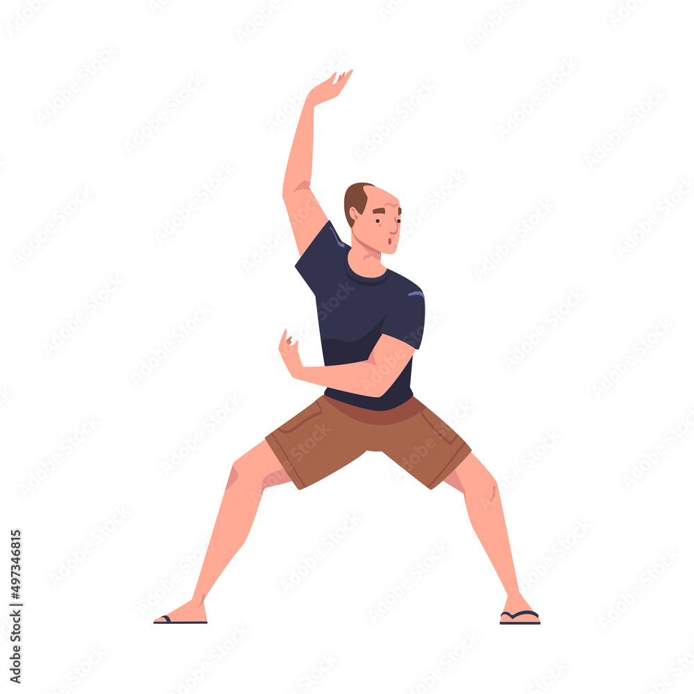 Fototapeta premium Man Character Practicing Tai Chi and Qigong Exercise as Internal Chinese Martial Art Vector Illustration