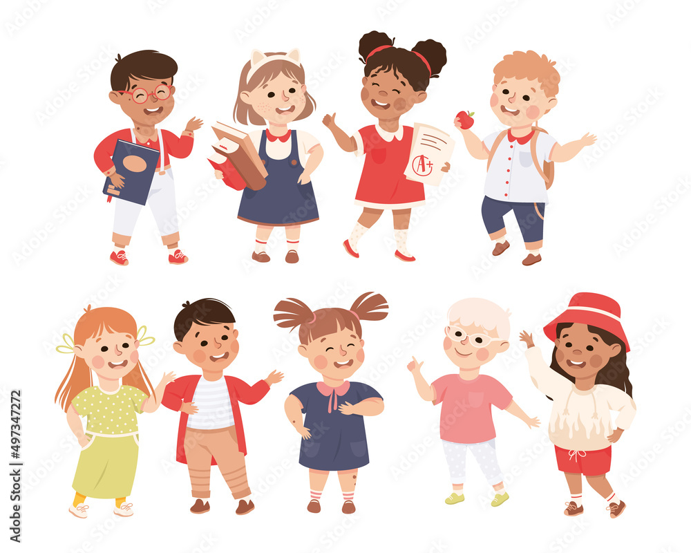 Little Boy and Girl Standing and Talking to Each Other Engaged in Friendly Communication Vector Set Little Boy and Girl Standing and Talking to Each Other Engaged in Friendly Communication Vector Set