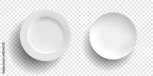 Two empty white plates, transparent background vector round 3d plate illustration, for additional food advertising design elements