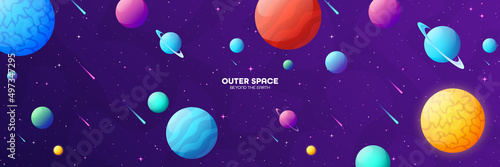 Space futuristic modern colorful background. Night sky. Solar system, galaxy and universe exploration. Vector illustration.