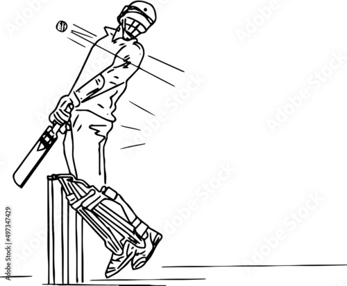 Hand drawn outline sketch drawing of cricket batsman ducking the bouncer, line art illustration silhouette of cricket batsman facing short pitch bouncer bowling