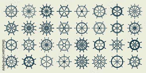 Collection of vintage steering wheels. Ship, yacht retro wheel symbol. Nautical rudder icon. Marine design element. Vector illustration