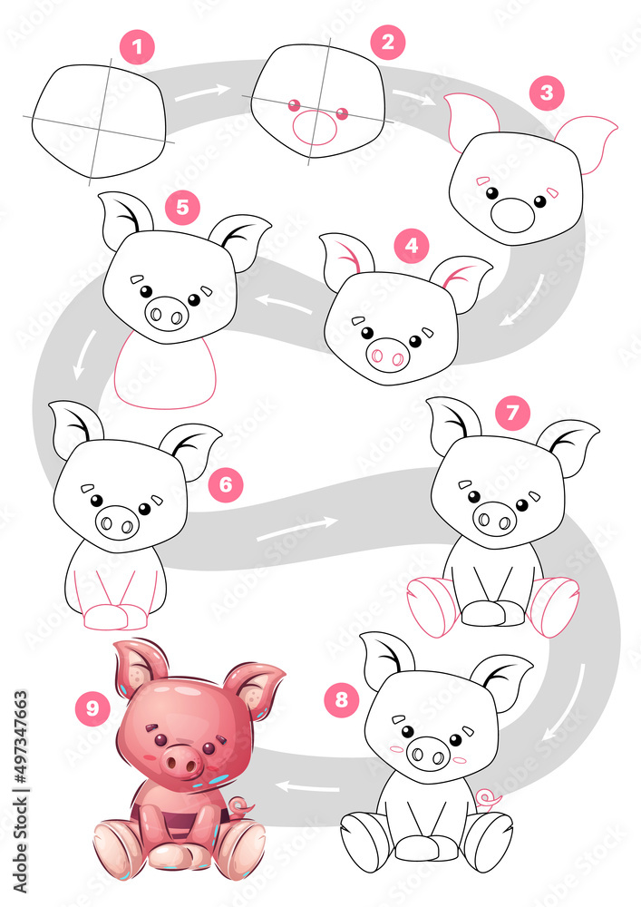 Cartoon character cute animal pig - drawing tutorial