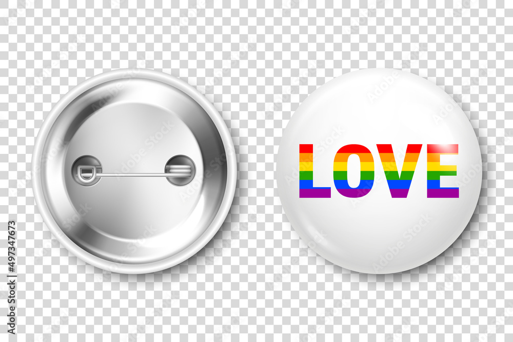 Realistic white badge with LGBTQ rainbow flag. Lesbian, gay, bisexual, transgender love symbol, pride month. 3D glossy round button. Pin badge mockup. Vector illustration Realistic white badge with LGBTQ rainbow flag. Lesbian, gay, bisexual, transgender love symbol, pride month. 3D glossy round button. Pin badge mockup. Vector illustration