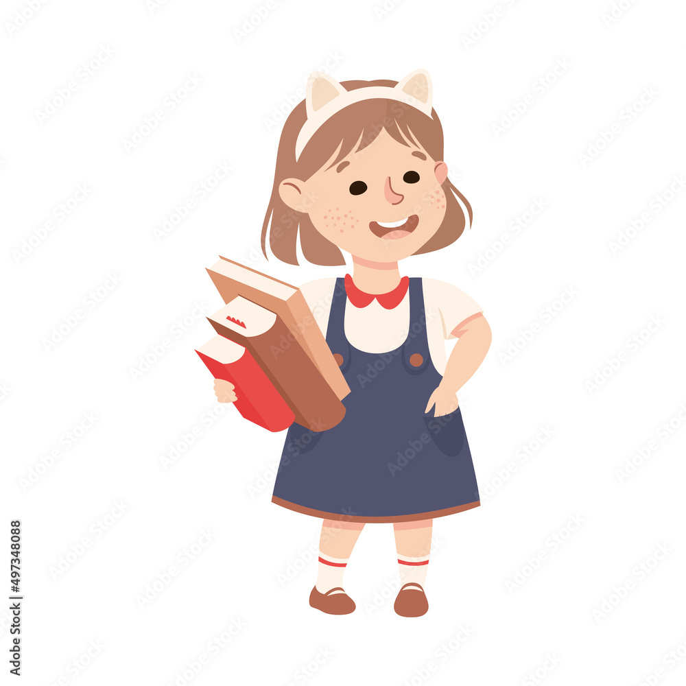 Little Girl with Books Standing and Talking to Somebody Engaged in Friendly Communication Vector Illustration Little Girl with Books Standing and Talking to Somebody Engaged in Friendly Communication Vector Illustration