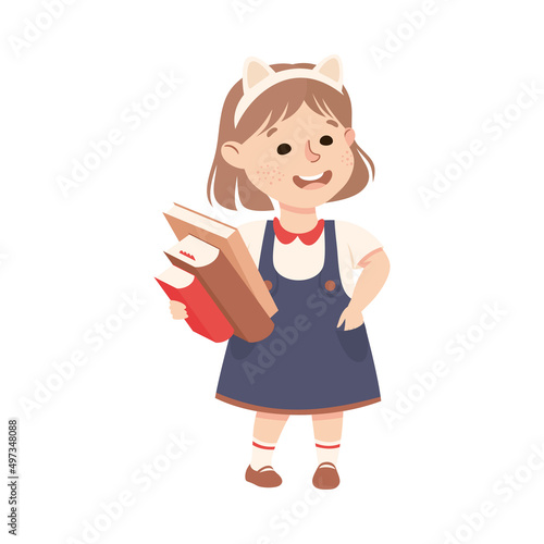 Little Girl with Books Standing and Talking to Somebody Engaged in Friendly Communication Vector Illustration
