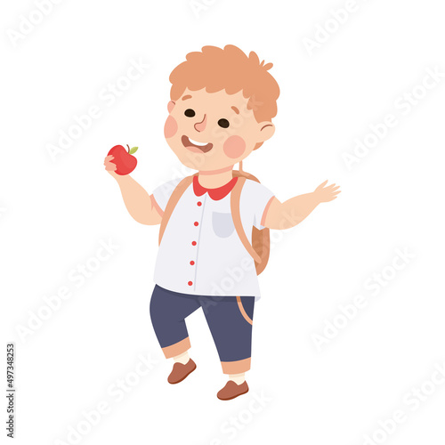 Little Boy with Backpack Standing and Talking to Somebody Engaged in Friendly Communication Vector Illustration