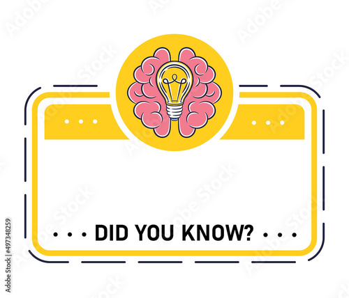 Did you know, interesting information or fun fact quote frame with light bulb, brain icon. Quick tips, important news text template. Knowledge, new idea, think, helpful learn advice and quiz. Vector