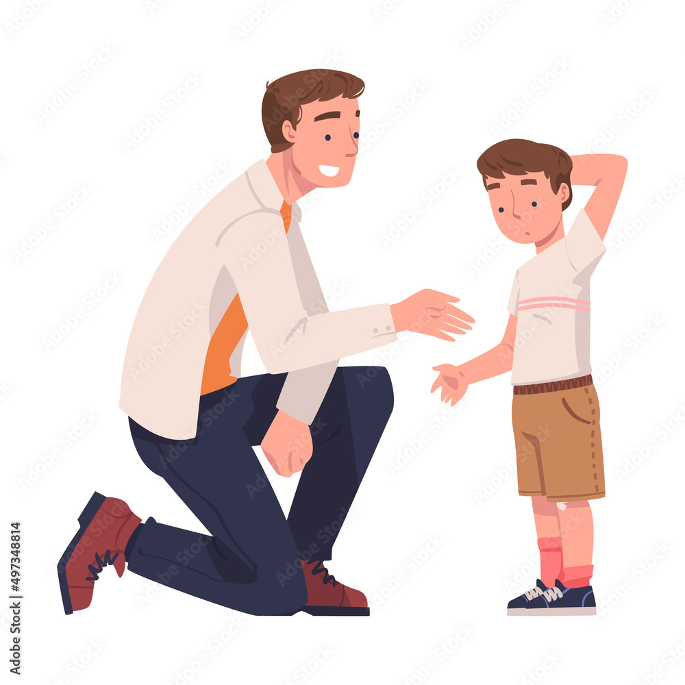 Father Talking to His Puzzled Son Supporting and Soothing Him Vector Illustration Father Talking to His Puzzled Son Supporting and Soothing Him Vector Illustration