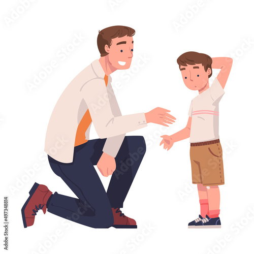 Father Talking to His Puzzled Son Supporting and Soothing Him Vector Illustration