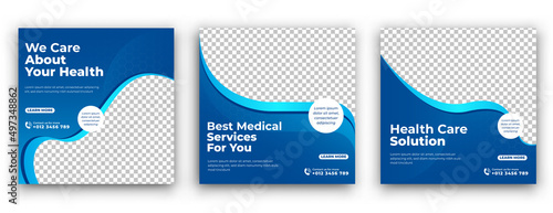 Medical and Health care promotion social media post template collection. Editable flat vector design with place for the photo.