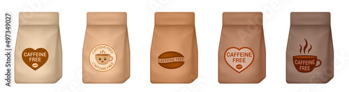 Set of coffee bags with caffeine free stamps. Caffeine free mug-shaped logo. Stamp or icon. Brown label. Healthy drinks. Beverage. Herbal tea. Cup. Decaf heart-shaped logo. Brown paper pouch