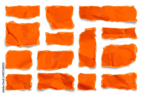 Orange ripped paper strips on white background. Realistic colorful crumpled paper scraps with torn edges. Shreds of notebook pages. Vector illustration