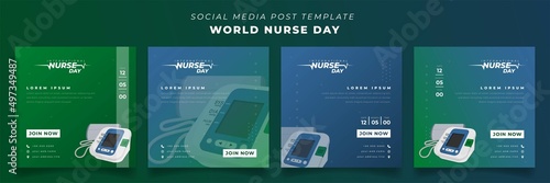 Set of social media post template in square background for nurse day with blood pressure design