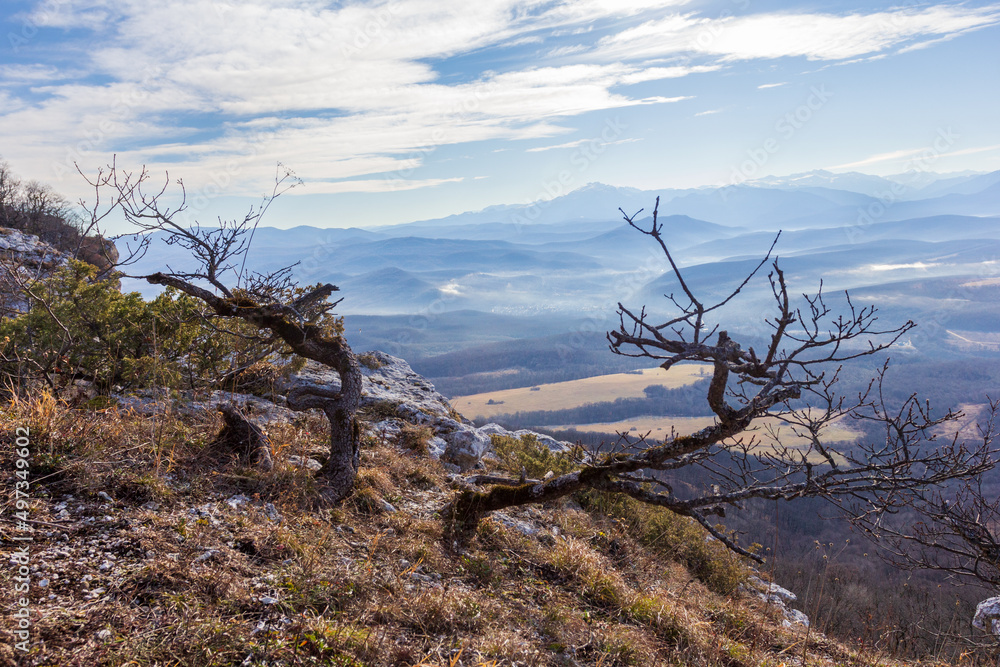 Sunrise and morning sunrise in the mountains panoramic view from the site located on the ridge of the tourist route.