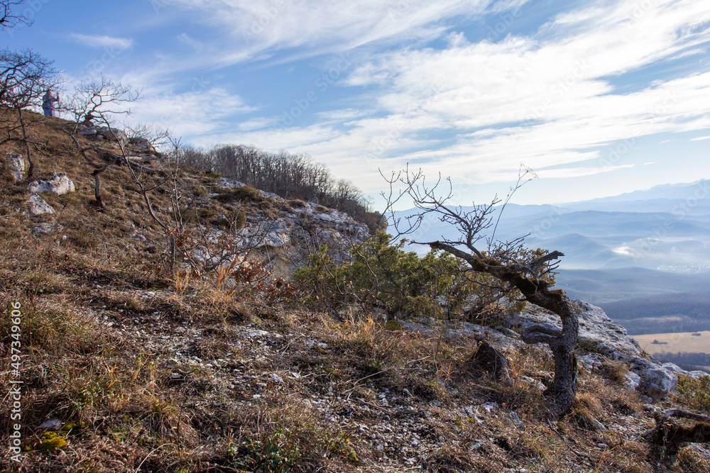 Sunrise and morning sunrise in the mountains panoramic view from the site located on the ridge of the tourist route.
