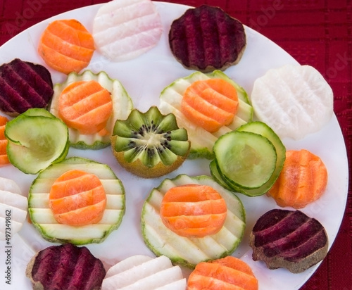 Raw fruits and various vegetables on a plate