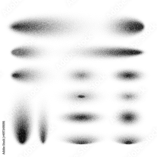 Stipple shadows set, dotted design elements. Fading gradient. Stippling, dotwork drawing, shading using dots. Pixel disintegration, halftone effect. White noise grainy texture. Vector illustration