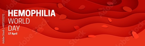 World Blood Donor Day poster in paper cut style. 3d red background with liquid waves. Vector card illustrations for leukemia or hemophilia concept. Medical health care flyer with inside view artery