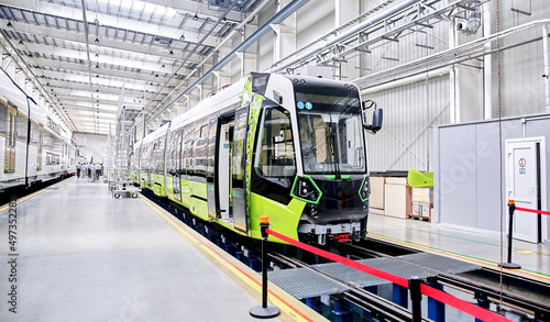 Inside the carriage assembly plant. Production workshop for the production of high-speed trains.