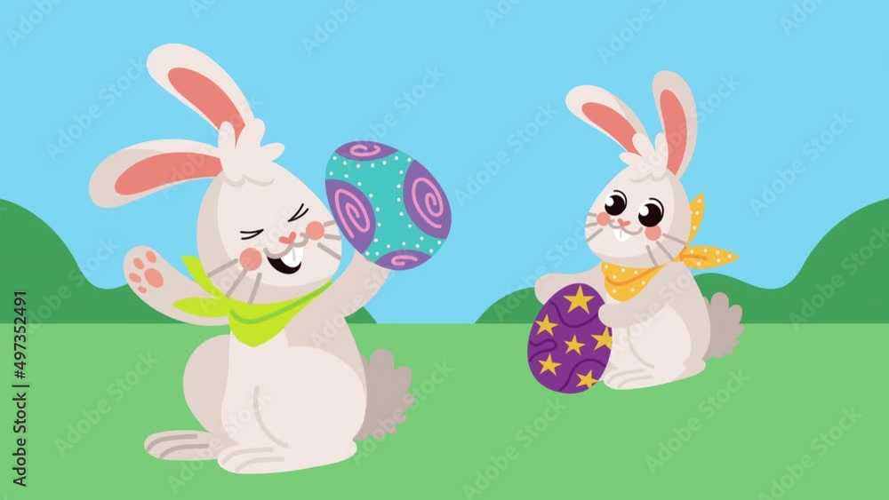 happy easter animation with rabbit and eggs scene happy easter animation with rabbit and eggs scene