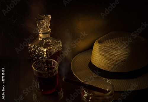 Glass of Whiskey, Straw Hat and Cigar