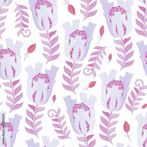 Seamless pattern with pink flowers. Raster illustration for packaging design, wrapper, scrapbooking or postcard. Floral ornament.