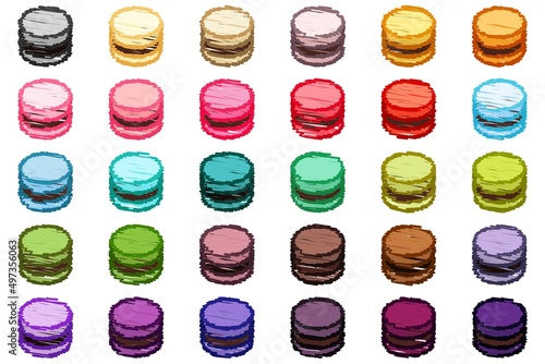 Hand-drawn macarons, colorful chalk set on the white background.