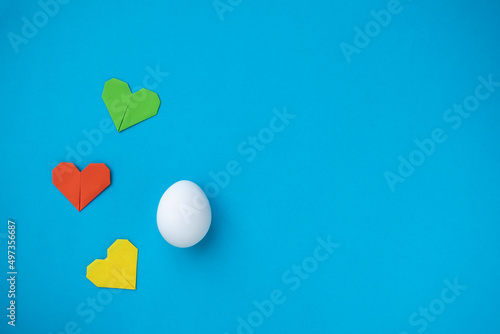 Heathy food idea. Egg love concept. Egg and paper heart still life. Copy space