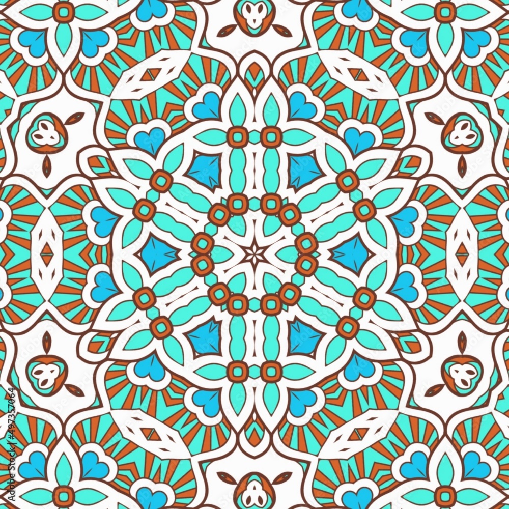 Abstract Pattern Mandala Flowers Art Colorful Blue Turquoise Brown 223