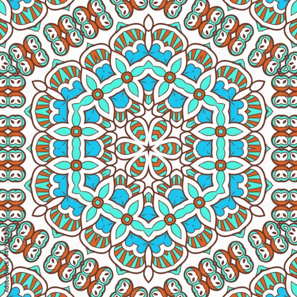 Abstract Pattern Mandala Flowers Art Colorful Blue Turquoise Brown 210