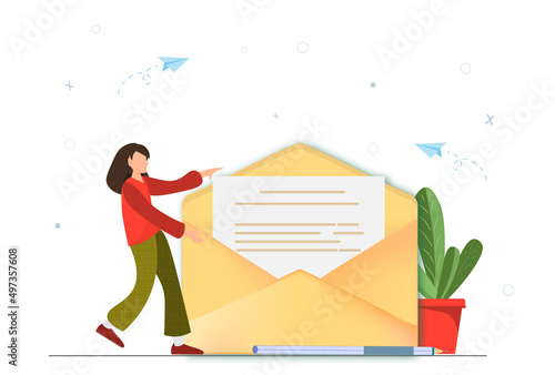 Happy woman opening envelop with letter, mail and messaging concept, email marketing concept, new email message, flat vector illustration