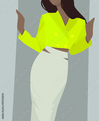 Vector flat image of a girl with brown long hair. Lady in a short jacket and a long light skirt. Design for postcards, posters, avatars, portraits, backgrounds.