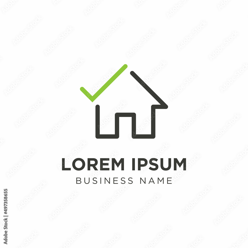 Real estate logo - home or house with chimney and check mark or tick symbol. Realty and property agency, construction or building industry vector icon Real estate logo - home or house with chimney and check mark or tick symbol. Realty and property agency, construction or building industry vector icon