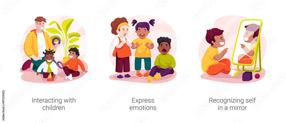 Social interaction in daycare center isolated cartoon vector illustration set