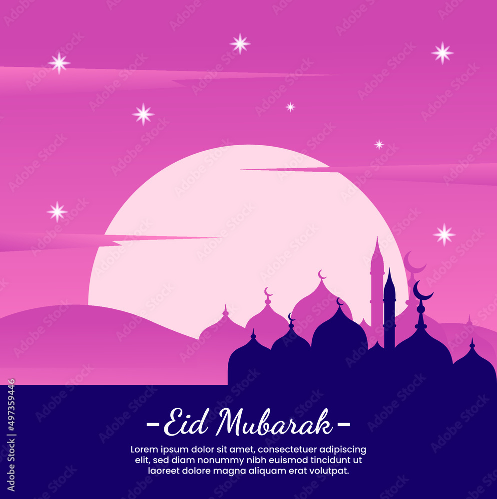 Naklejka premium islamic design illustration concept for Happy eid mubarak or ramadan greeting with people character. template for web landing page, banner, presentation, social, poster, ad, promotion or print media.