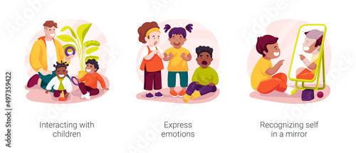 Social interaction in daycare center isolated cartoon vector illustration set