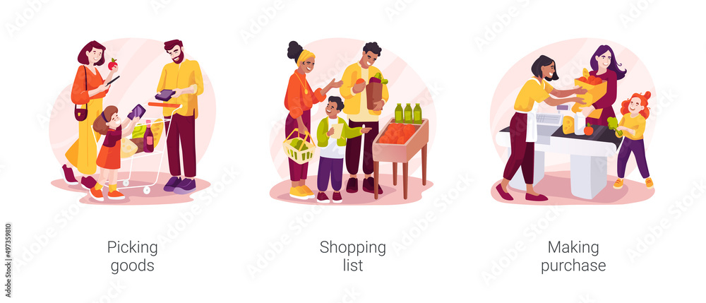 Family shopping isolated cartoon vector illustration set