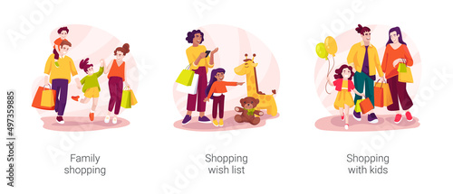 Family shopping time isolated cartoon vector illustration set