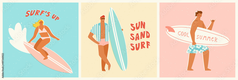 Young surfers holding surfboards and riding waves. Vector illustration of people enjoying surfing lifestyle. Banner or card design in trendy retro style.