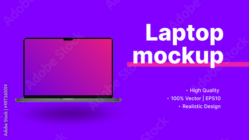 Laptop Advertisement Banner. Minicomputer Front View with Blank Screen Mockup. Minimalistic Purple Website Promotion. Vector illustration