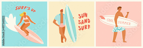 Young surfers holding surfboards and riding waves. Vector illustration of people enjoying surfing lifestyle. Banner or card design in trendy retro style.